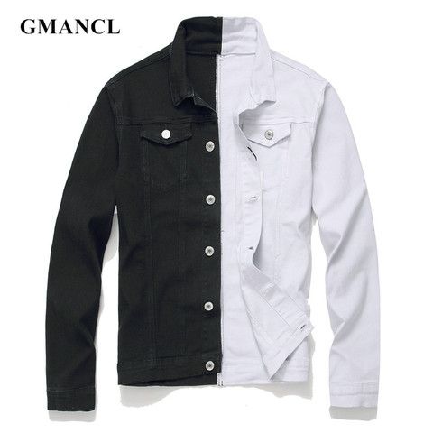 Los hombres Streetwear blanco y negro dos tono Patchwork Slim Fit Jean chaquetas hombre motociclista Hip hop de algodón Casual Denim Chaquetas abrigos ► Foto 1/6