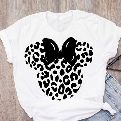 Camiseta con lazo de leopardo de dibujos animados para mujer, ropa informal estampado de manga corta, Camisetas estampadas, camiseta Harajuku - Historial de y revisión | de AliExpress -