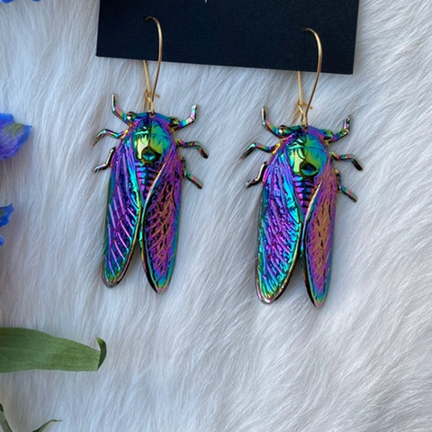 Pendientes largos con forma de insecto psicodélico para mujer y niña, aretes con forma de arco iris de color dorado y metal, alambre plateado ► Foto 1/3