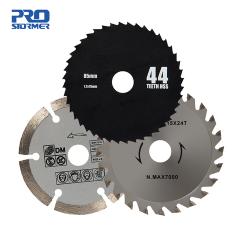 PROSTORMER 3 unids/lote 85mm Cuchillas y hojas circulares HSS/TCT rotativo de madera herramienta de corte discos Mandril para Mini sierra Circular PTET030 ► Foto 1/6