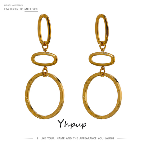 Yhpup-pendientes largos geométricos minimalistas para mujer, aretes colgantes dorados de acero inoxidable con textura de Metal, joyería de verano ► Foto 1/6