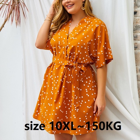 Vestido grande de algodón para mujer, vestido informal holgado de manga corta con cuello de pico, estampado de lunares, 8XL, 9XL, 10XL, 100kg, 150kg ► Foto 1/6