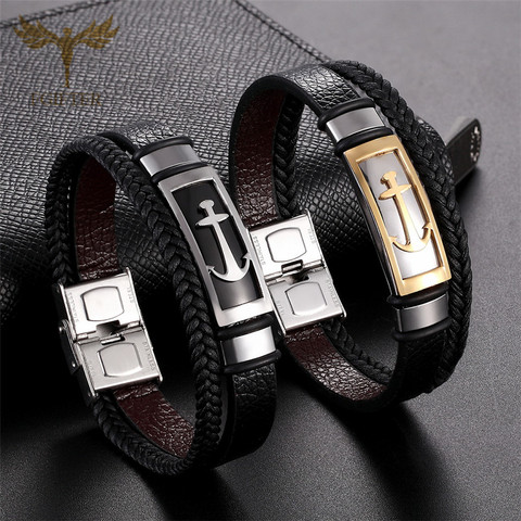 Pulsera de piel trenzada para hombre, brazalete de acero inoxidable de alta calidad, con ancla apilable en capas, joyería de mano ► Foto 1/6