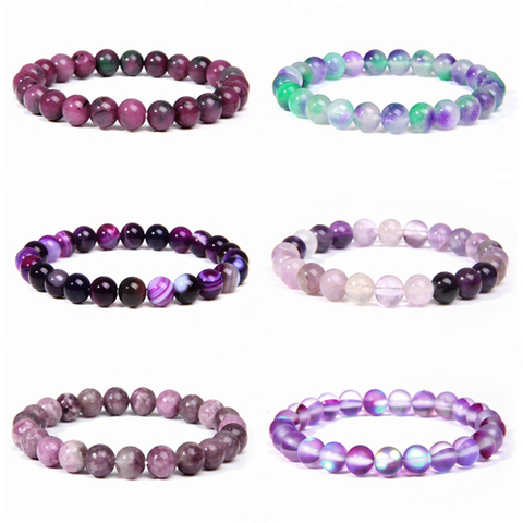 Pulseras de perlas de fluorita naturales pulidas para mujer, 8mm, pulsera de energía de la suerte de cuarzo púrpura, joyería para mujer, regalo de cumpleaños ► Foto 1/6