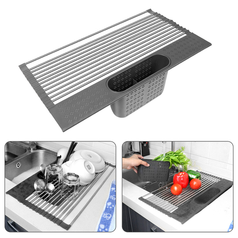 Estante de secado de cocina multiusos sobre fregadero, escurreplatos enrollable, plegable, organizador de frutas y verduras, bandeja escurridora ► Foto 1/6