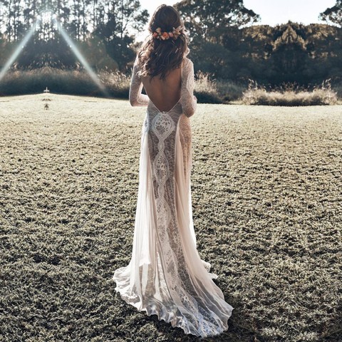 Vestidos de novia de encaje, manga larga, Vintage bohemio, espalda abierta, ilusión Sexy, playa, boda, vestido de novia sencillo ► Foto 1/6