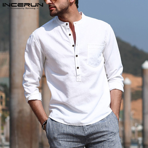 Camiseta informal para hombre INCERUN, blusa de algodón de manga larga de Color sólido, blusa elegante con cuello levantado, Tops bonitos a la moda, Camisas de calle 2022 ► Foto 1/6