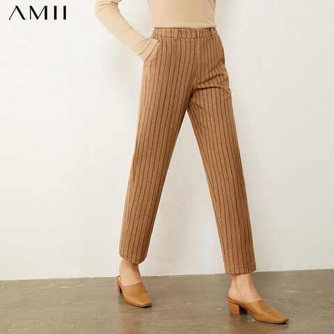 Amii Minimalism Otoño Invierno pantalones de lana para mujer moda raya alta cintura recta Ankel-longitud pantalones femeninos 12070500 ► Foto 1/5