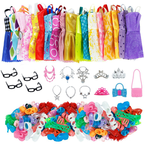 Accesorios para muñecas Barbie, Set de 35 artículos, 10 vestidos y 10 zapatos a la moda, 4 gafas, 6 collares, 2 bolsos, vestido de corona 3 ► Foto 1/6