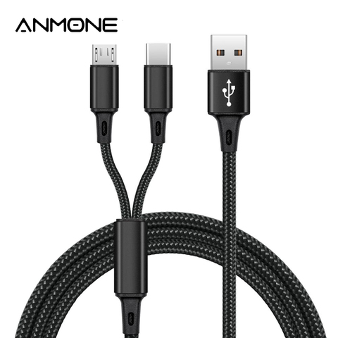 ANMONE-Cable Micro USB tipo C 2 en 1, carga Dual portátil para teléfono, nailon, cargador tipo C ► Foto 1/6