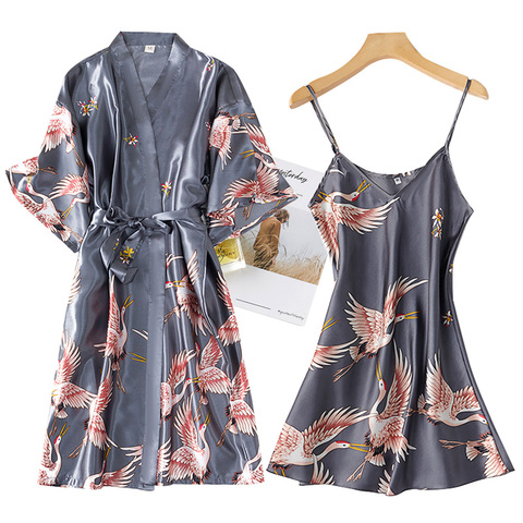 Conjunto de Bata de rayón para mujer, ropa de dormir informal, Kimono Sexy de encaje, para novia y Dama de honor, ropa de noche, 2 uds. ► Foto 1/4