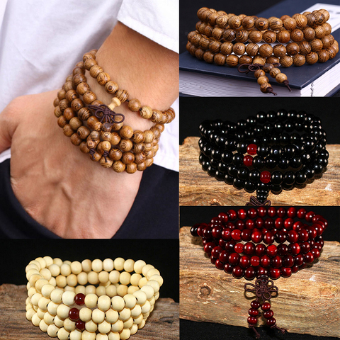 Pulseras de madera de sándalo Natural para hombres y mujeres, brazaletes con cuentas de ébano negro, nudo de oración de madera budista, 9 estilos, 6mm ► Foto 1/6