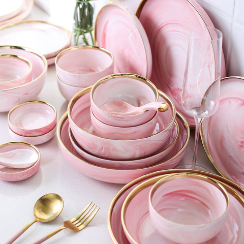 Juego de platos de cerámica con esmaltes de mármol rosa, vajilla occidental para carne, ensalada, cuenco, platos para desayuno, postre, decoración del hogar ► Foto 1/6