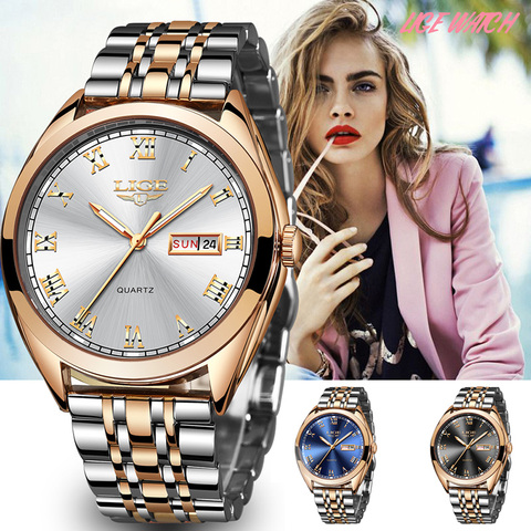 LIGE, relojes de moda para mujer, reloj de cuarzo dorado resistente al agua de lujo de marca superior para mujer, reloj de acero inoxidable con fecha de desgaste para regalo 2022 ► Foto 1/6