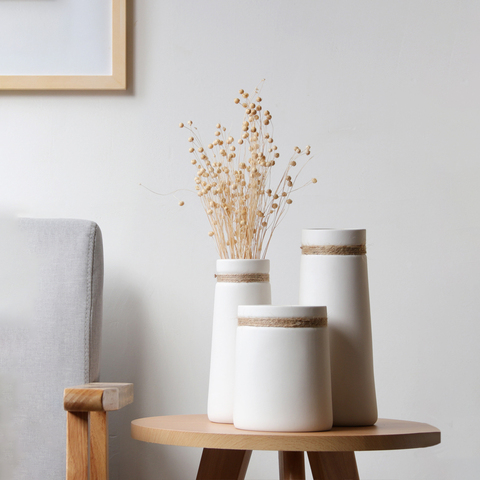 Jarrón de flor minimalista moderno, jarrón de cerámica blanca mate con cuerda de cáñamo para flores secas, centro de mesa, manualidades, Decoración de mesa para el hogar ► Foto 1/5