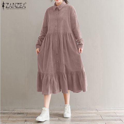 ZANZEA-vestido Midi informal de verano con manga larga, traje Vintage de pana para mujer, con volantes y botones, 5XL, 2022 ► Foto 1/6