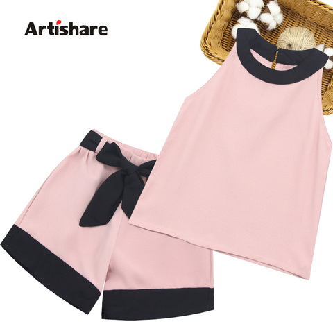 Ropa de verano para niños, conjunto de ropa de retazos para niñas, chaleco + pantalón corto de 2 piezas, trajes para niñas de estilo informal, ropa para niños con lazo grande ► Foto 1/6