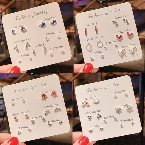 7 pares de pendientes de cristal con forma de corazón y hojas para mujer, aretes pequeños con diamantes de imitación, conjunto de pendientes de perlas, joyería para niña ► Foto 1/6