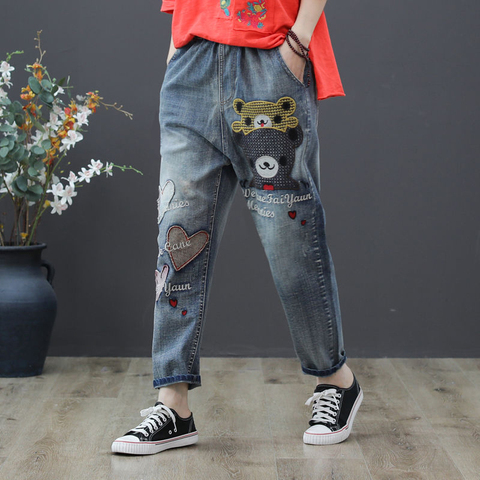 Otoño mujer cintura elástica suelta Jeans dibujos animados bordado amor Patchwork Vintage Jeans algodón Denim Harem pantalones de talla grande S288 ► Foto 1/5