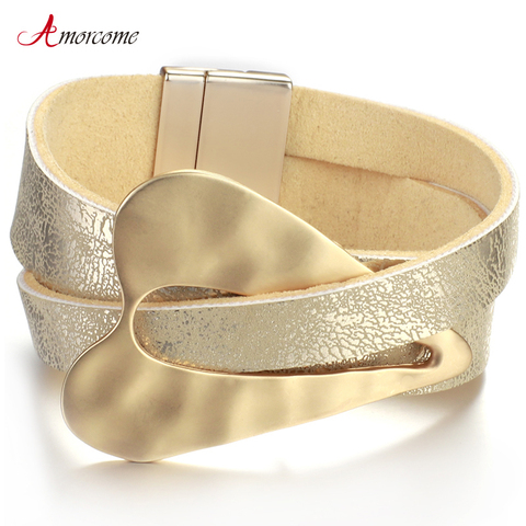 Amorcome-pulsera de cuero con colgante de corazón para mujer, brazalete ancho con Metal dorado de champán, joyería femenina, regalos para parejas ► Foto 1/6