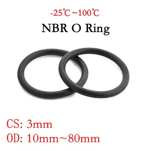Junta de sellado NBR O Ring, espesor CS 3mm OD 10 ~ 80mm, espaciador de goma de nitrilo butadieno, arandela resistente al aceite, forma redonda, negro, 10 Uds. ► Foto 1/3