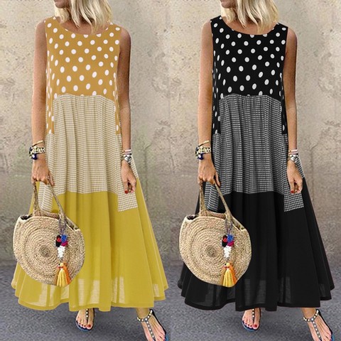 Estampado bohemio Maxi vestido de las mujeres de vestido 2022 ZANZEA sin mangas Casual Polka Dot tanque Vestidos Mujer Patchwork traje ► Foto 1/6