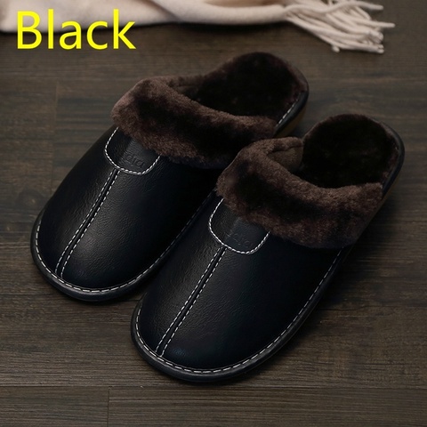 FONGIMIC-Zapatillas de piel sintética para hombre, calzado negro, zapatilla con interior cálido, impermeable, para el hogar, de cuero cálida, para otoño ► Foto 1/6