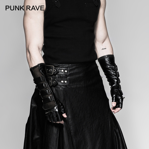 Guantes largos PUNK RAVE Steampunk para hombre, Locomotora Negra, Moda Gótica, remaches de roca, malla + guante con remaches de cuero PU, un par ► Foto 1/1