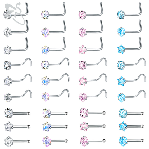 ZS 3-12 unids/lote nariz Acero inoxidable conjunto de Stud de Ronda corazón estrella CZ cristal nariz Piercings 3MM en forma de L nariz Piercing joyería de 20g ► Foto 1/6