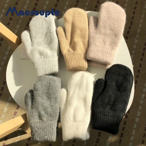 Guantes de doble capa con pelo de conejo para mujer, versión coreana de invierno, color sólido, todos los dedos, mitones para chicas ► Foto 1/6