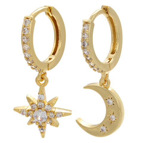 ZHUKOU-pendientes de aro pequeños de color dorado/plateado para mujer, pendientes Luna estrella brillantes a la moda, joyería de circón cúbico VE348, 1 par ► Foto 1/6