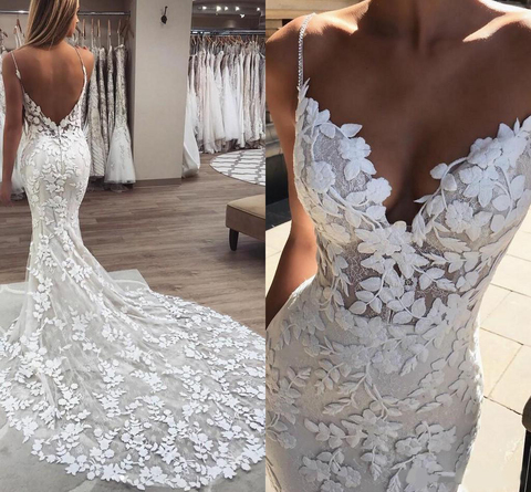 Vestidos De novia De sirena 3D, con apliques florales, encaje, Espalda descubierta, cola De tul, De talla grande, bohemios, para playa, 2022 ► Foto 1/1