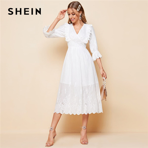 SHEIN-vestido blanco con escote en V, volantes y larga, vestido de otoño con corte en A, cintura alta, Abaya, vestidos largos bohemios - Historial de precios y revisión | Vendedor de
