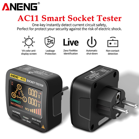 ANENG AC11 probador de toma inteligente Digital, Detector de prueba de voltaje, Detector de enchufes US/UK/EU/AU, enchufe tierra, línea cero, prueba de fase Rcd NCV ► Foto 1/6