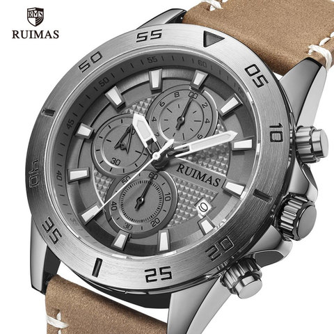 RUIMAS-Reloj de pulsera deportivo de cuero para hombre, cronógrafo de cuarzo a la moda, de lujo, de la mejor marca, Masculino ► Foto 1/6