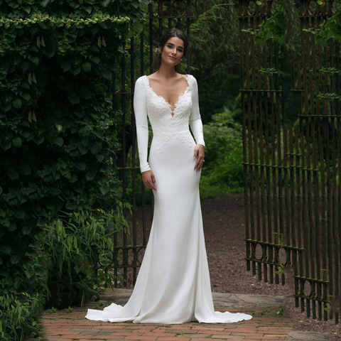 Vestido de novia de manga larga con escote en V, largo hasta el suelo, sirena, ilusión transparente, blanco, apliques de encaje, 2022 ► Foto 1/6