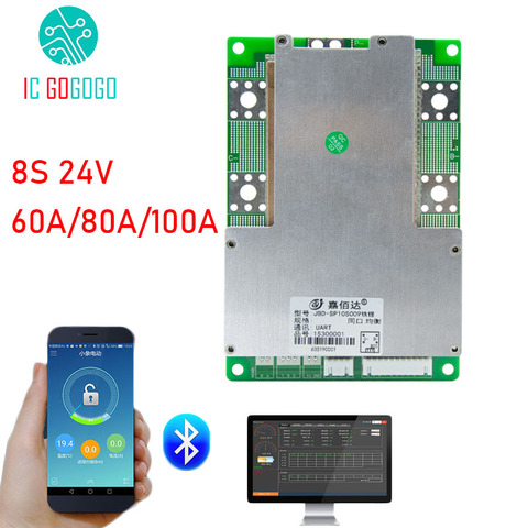 8S 24V inteligente Lifepo4 de ión de litio de 3,2 V Placa de protección de batería del teléfono de la PC Bluetooth APP 60A 80A 100A BMS paquetes equilibrio común JBD ► Foto 1/6