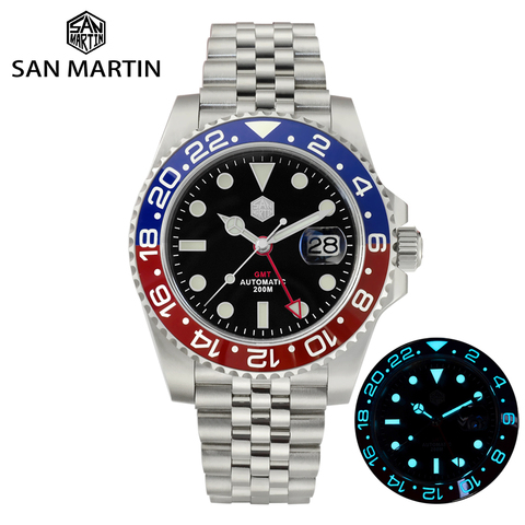 Reloj de lujo San Martin GMT para hombre, pulsera de aniversario, bidireccional, cerámica, bisel, zafiro, Cyclops, impermeable, 20bar, BGW-9, luminoso ► Foto 1/6