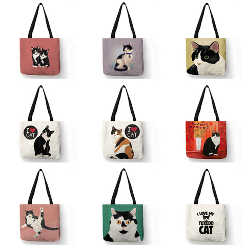 Bolso de mano con estampado de gato I Love personalizado para mujer, bolsa de compras supermercado reutilizable para comestibles, bandolera de hombro para playa al aire libre ► Foto 1/6