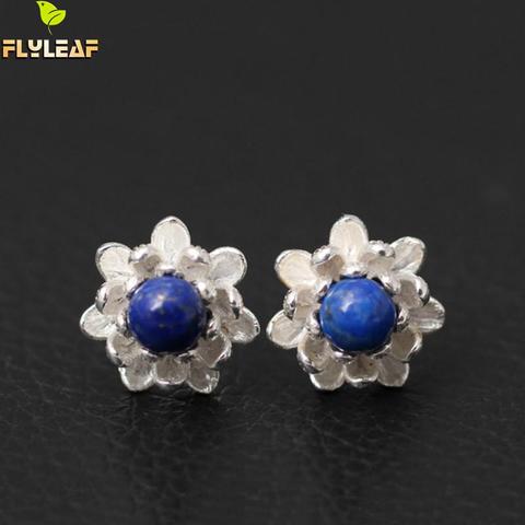 Pendientes de plata de ley y lapislázuli y Lazuli con flores de loto para mujer, joyería elegante para prevenir alergias, Plata de Ley 925 ► Foto 1/6