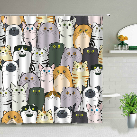 Cortina de ducha con estampado de gato, impermeable, de poliéster que cuelga de las cortinas, decoración de bañera de baño con ganchos ► Foto 1/6