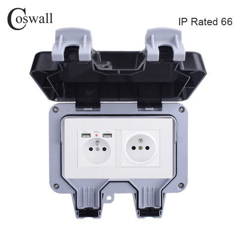 Coswall-enchufe de pared impermeable IP66 para exteriores, doble salida estándar de pulido francés con puerto de carga USB Dual 2.1A ► Foto 1/6