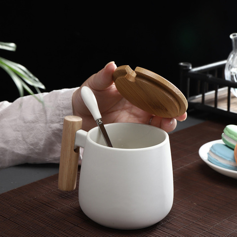 Tazas de café de cerámica con mango de madera de estilo nórdico, taza de gran capacidad con cuchara, taza con tapa taza para té y café, artículos para el hogar y la Oficina ► Foto 1/6