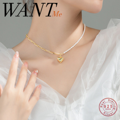 WANTME-collar con colgante de corazón de amor para mujer, cadena de perlas barrocas naturales de agua dulce, joyería de boda de Plata de Ley 925 auténtica ► Foto 1/6