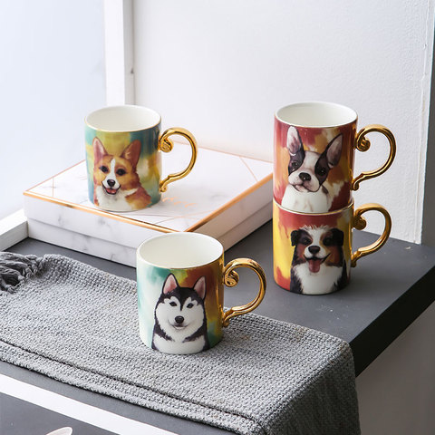 Taza de café de cerámica para perros, taza de agua leche con mango dorado de porcelana Corgi Husky, Decoración de mesa para amantes de las mascotas, regalo de cumpleaños, novedad ► Foto 1/5