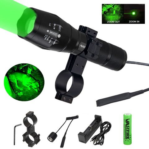 Linterna Q5 con zoom A100 de 1000Lm, linterna de caza con 1 modo de Enfoque Ajustable verde/rojo + Montaje del visor del Rifle + interruptor + 18650 + cargador + funda ► Foto 1/6