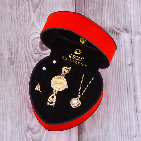 Conjunto de reloj de pulsera para mujer, collar, pendientes, anillo de diseño de cristal dorado, conjunto de joyería femenina, reloj de cuarzo para mujer, regalos para San Valentín ► Foto 1/6