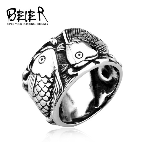 Beier-Anillo de moda de hogar pescado doble para pareja, diseño 3D de acero inoxidable, buen detalle, gótico, simple, redondo, LLBR8-257R de joyería ► Foto 1/6