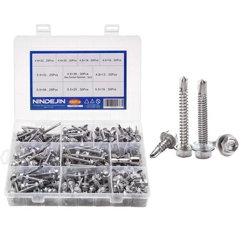 286 Uds 410 de acero inoxidable M4.8 M5.5 flangeas hexagonales drilling autoperforación tappingscrews tornillos Kit surtido con llave hexagonal ► Foto 1/6