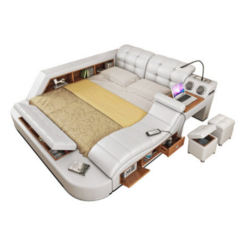 Marco de cama de masaje multifuncional de cuero genuino, cama nórdica moderna con luz LED de almacenamiento, Altavoz Bluetooth seguro ► Foto 1/6